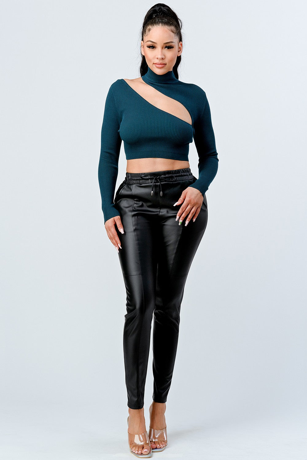 green LUX SWEATER RIB CUTOUT MOCK NECK CROP TOP