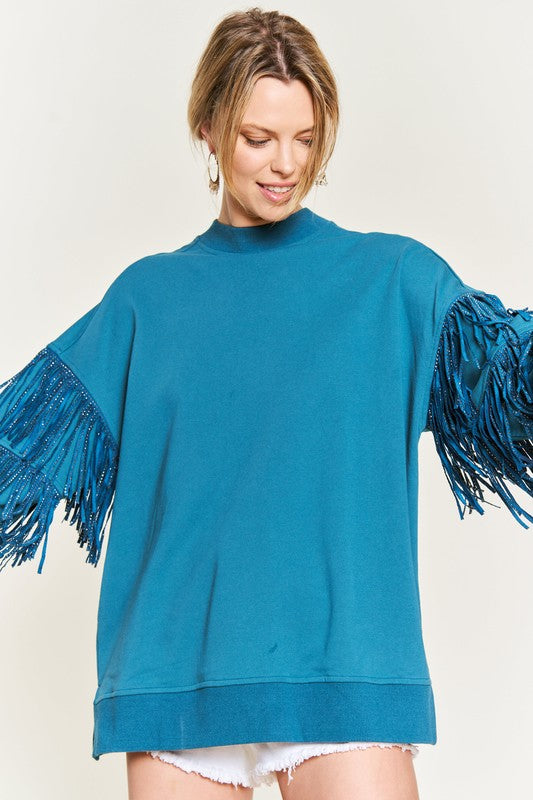 blue Silver Studded Fringe Sleeve Top