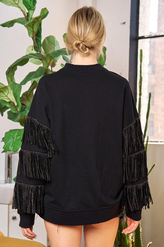 Black Silver Studded Fringe Sleeve Top