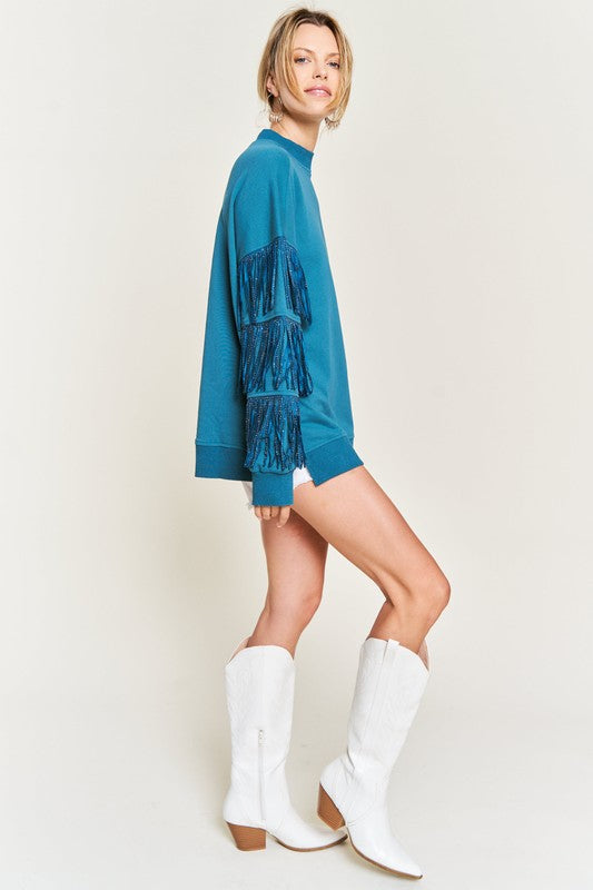 blue Silver Studded Fringe Sleeve Top