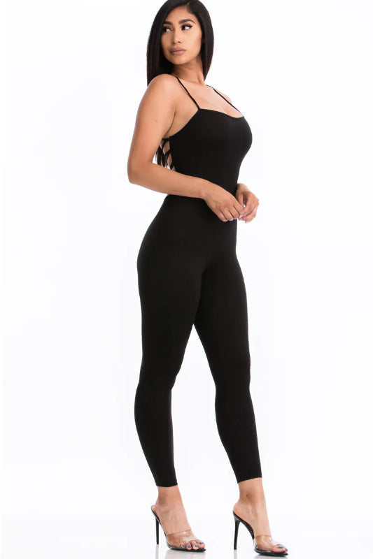 side view of Black Criss-Cross Open Back Bodycon Jumpsuit