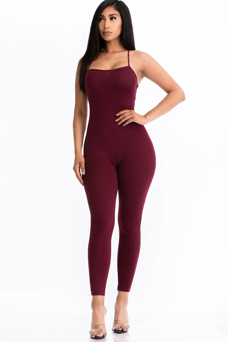 burgundy Criss-Cross Open Back Bodycon Jumpsuit
