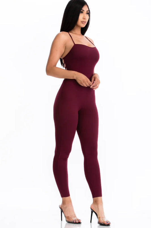 side view of burgundy Criss-Cross Open Back Bodycon Jumpsuit