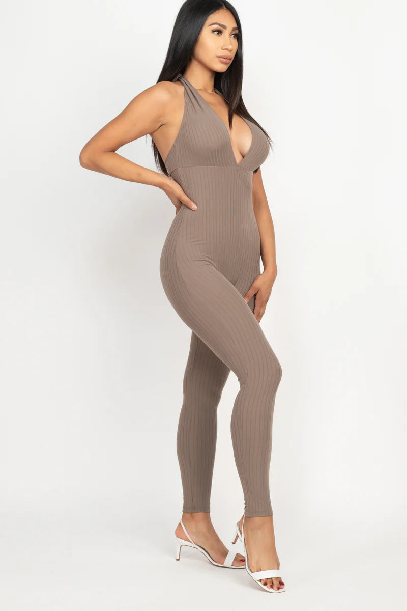 side view of taupeHalter V Neck Ribbed Bodycon Catsuits Jumpsuit