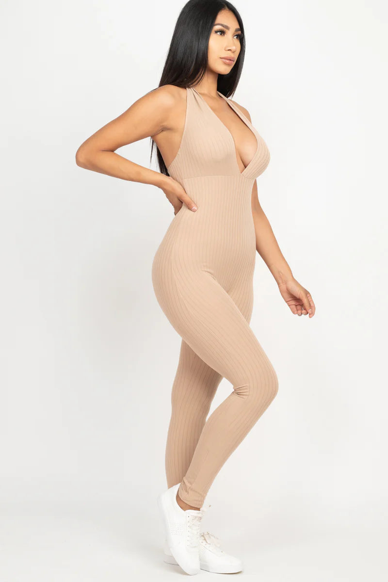 side view of light brown Halter V Neck Ribbed Bodycon Catsuits Jumpsuit