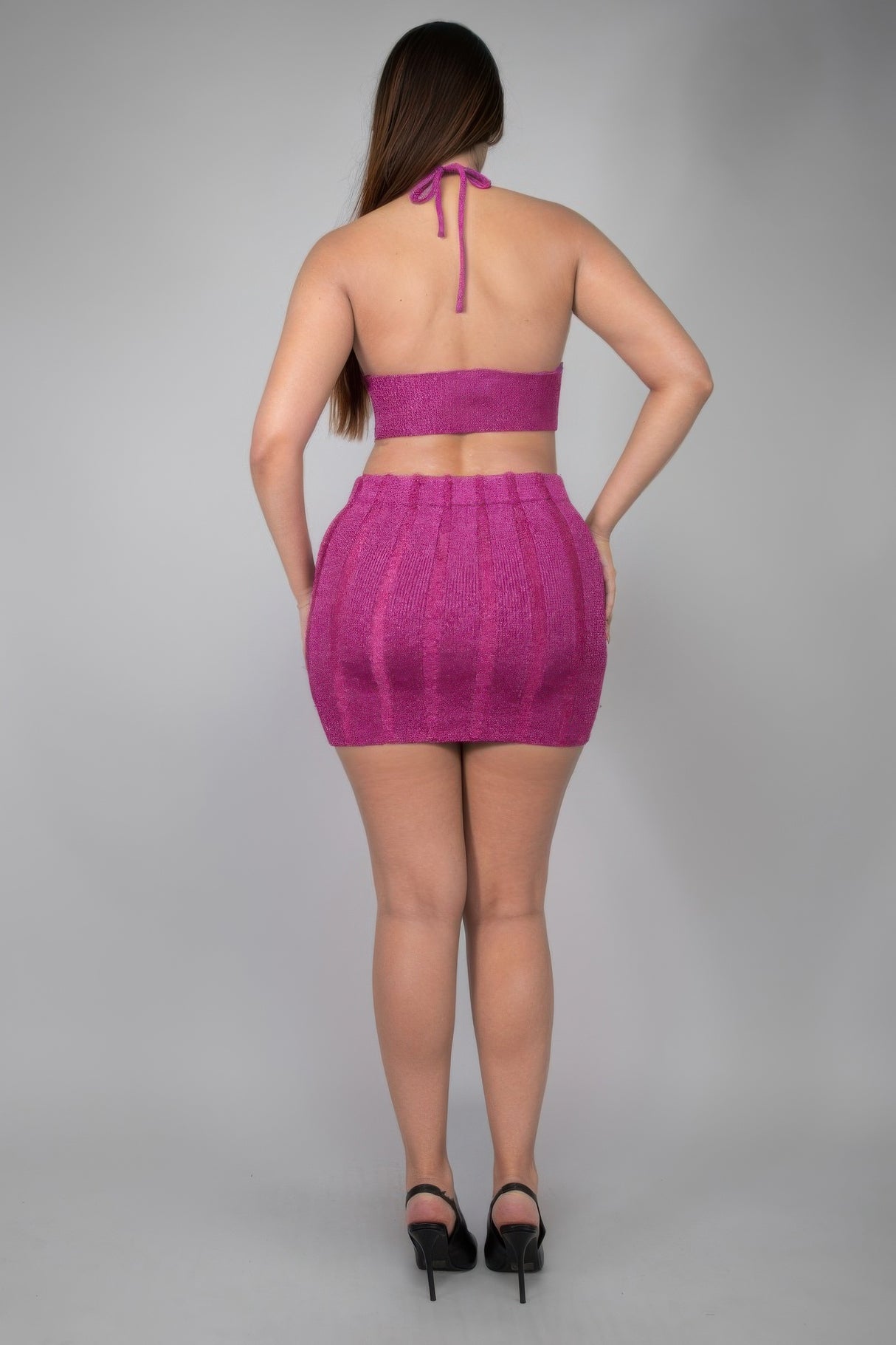 Fuchsia Metallic Halter Mini Skirt Set back
