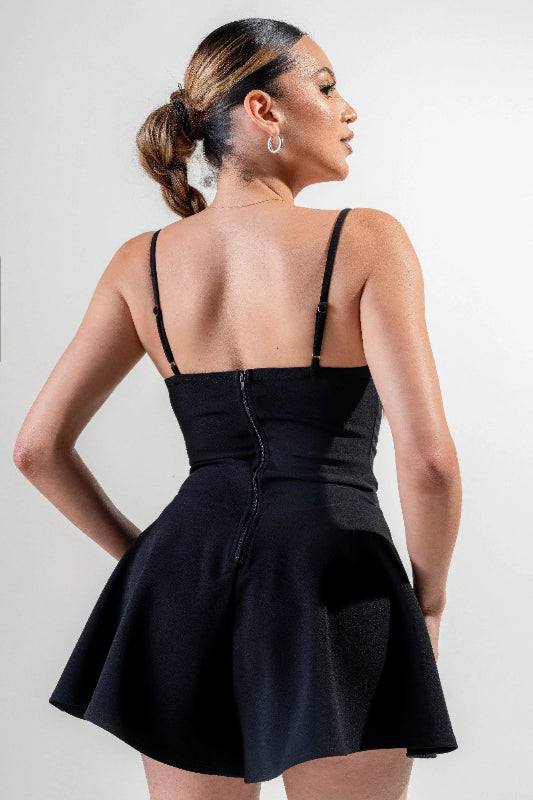 back view of Black stretch woven Stretch Lace Up Romper