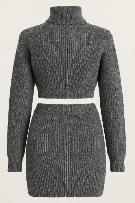 Gray ribbed knit two-piece set on a light beige background