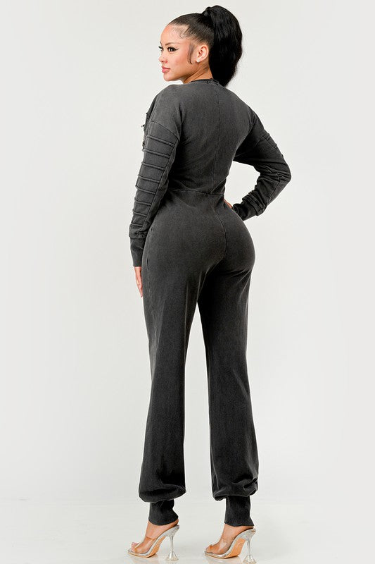 Black front zipper closure jumpsuit with ribbed long sleeves