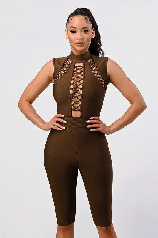 Sexy Brown Criss Cross Detail Bandage Romper
