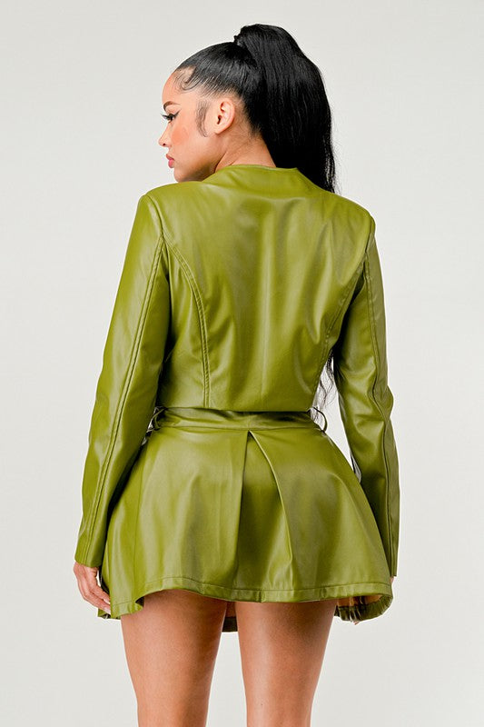 Olive Green Faux Leather Jacket with Matching Pleated Skirt Set