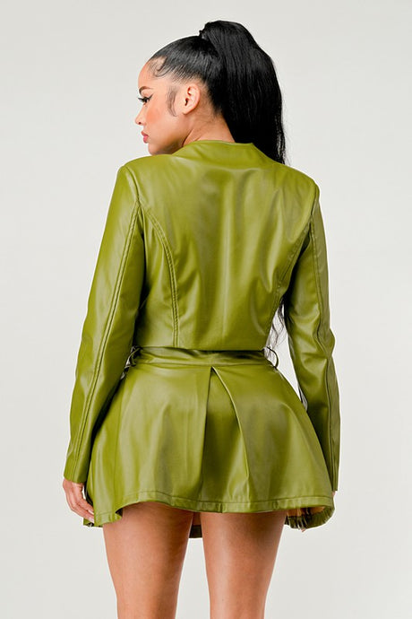 Olive Green Faux Leather Jacket with Matching Pleated Skirt Set