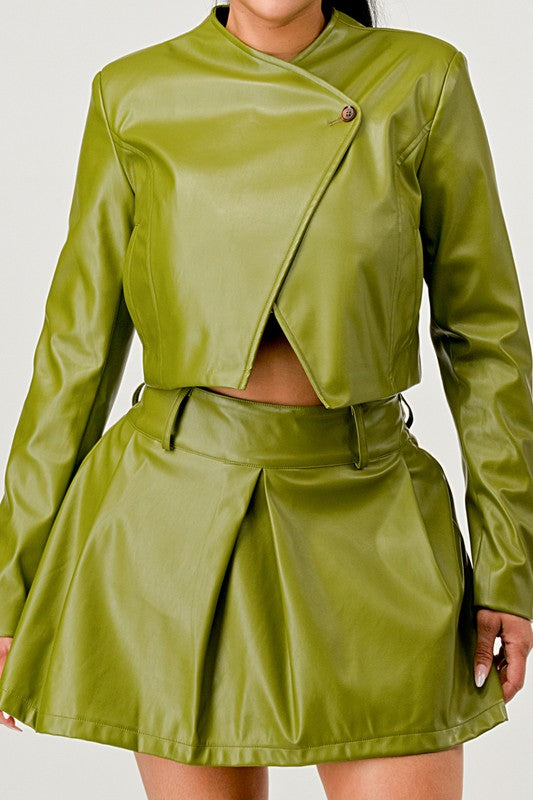 Olive Green Faux Leather Jacket with Matching Pleated Skirt Set