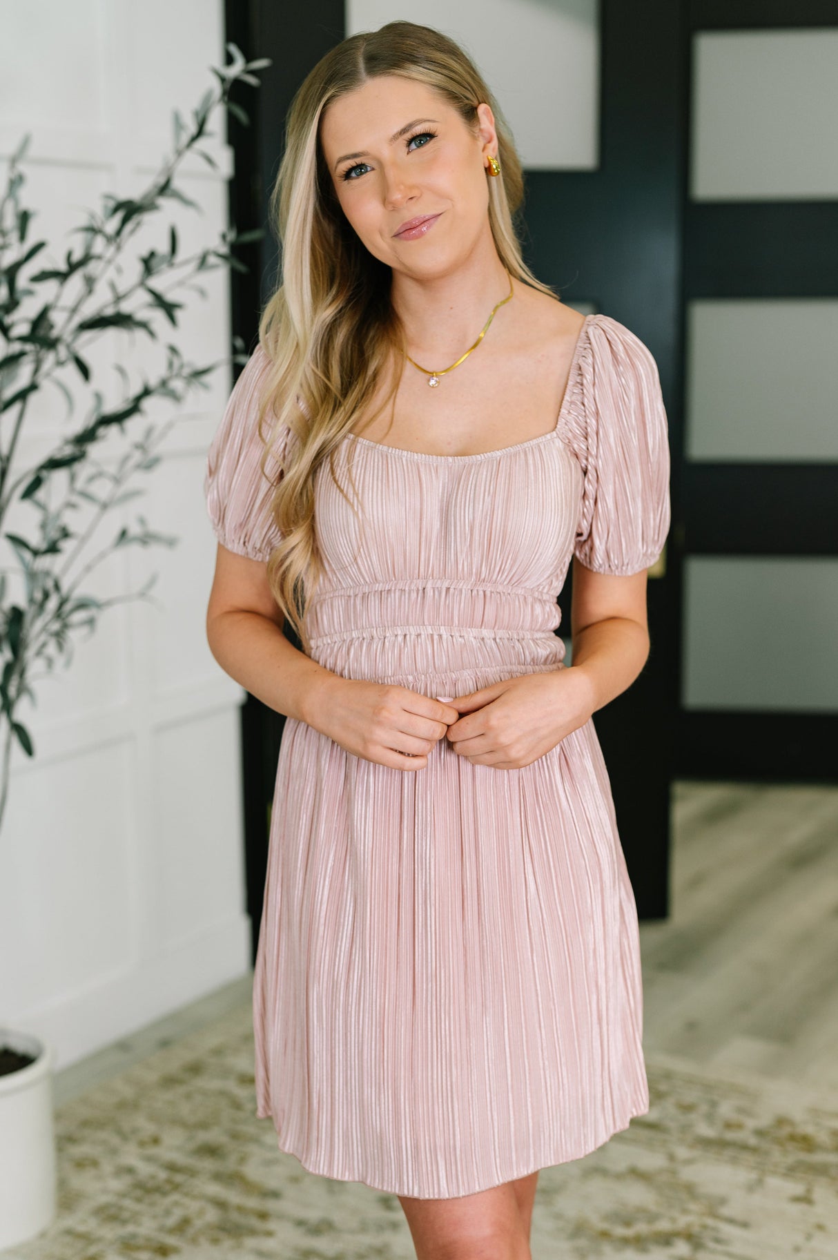 Blush Plisse Balloon Sleeve Dress