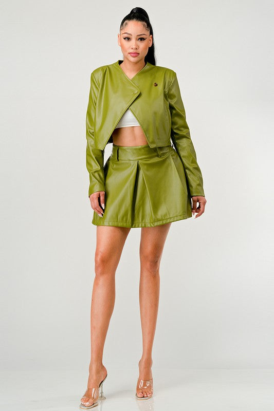Olive Green Faux Leather Jacket with Matching Pleated Skirt Set