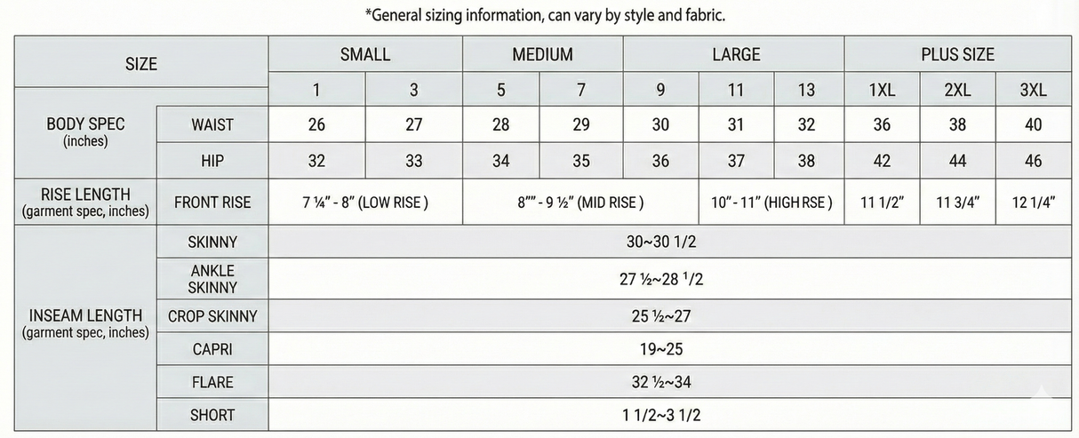 Saige Denim size chart
