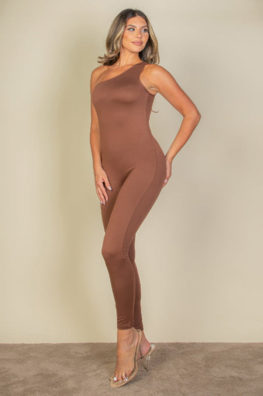 light brown One Shoulder Bodycon Jumpsuit