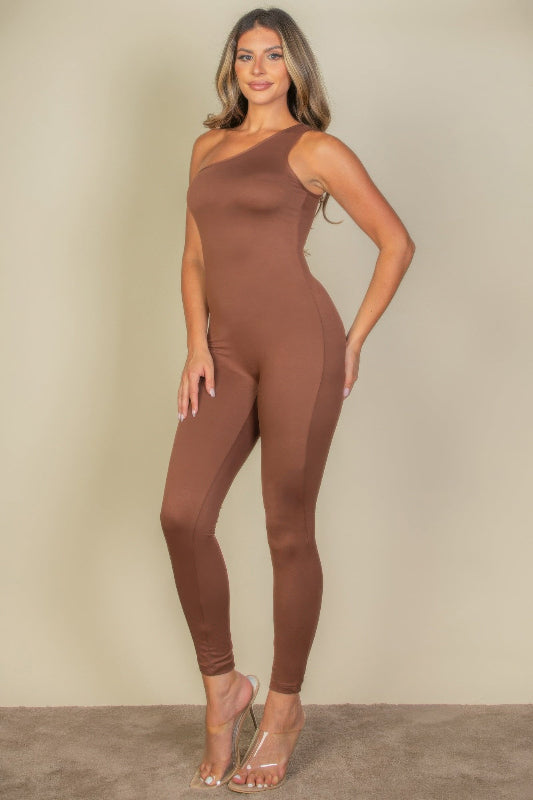 light brown One Shoulder Bodycon Jumpsuit