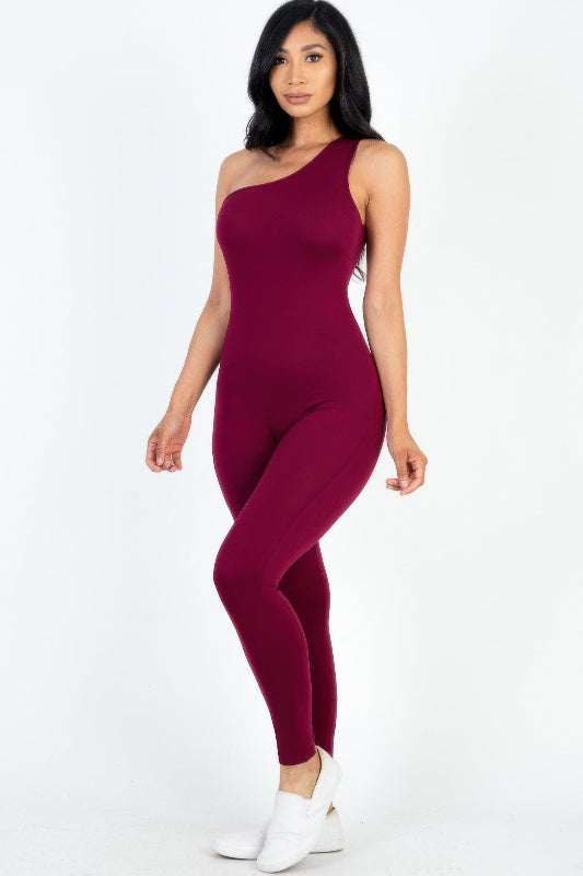 burgundy One Shoulder Bodycon Jumpsuit