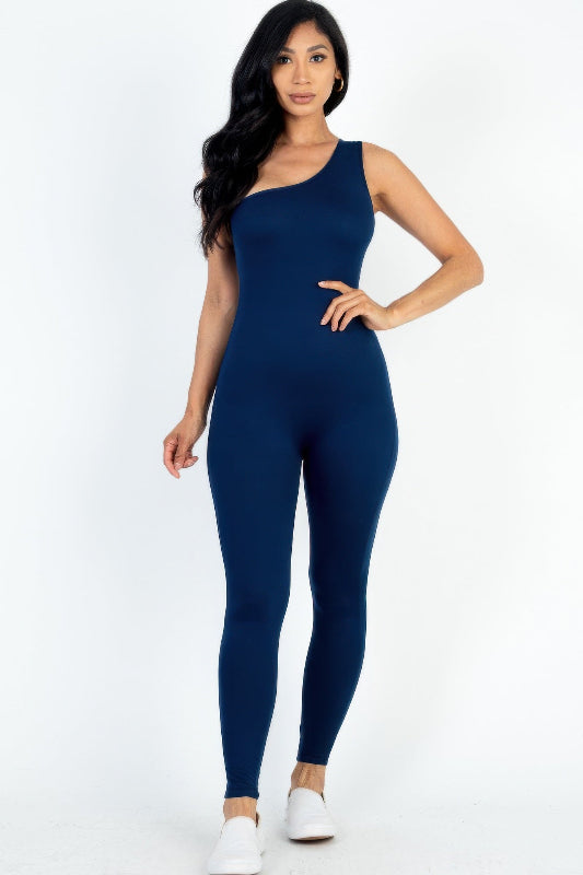 navy blue One Shoulder Bodycon Jumpsuit