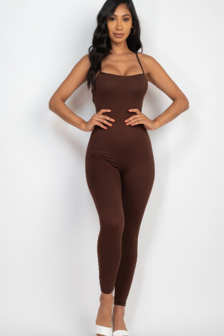 brown Criss-Cross Open Back Bodycon Jumpsuit