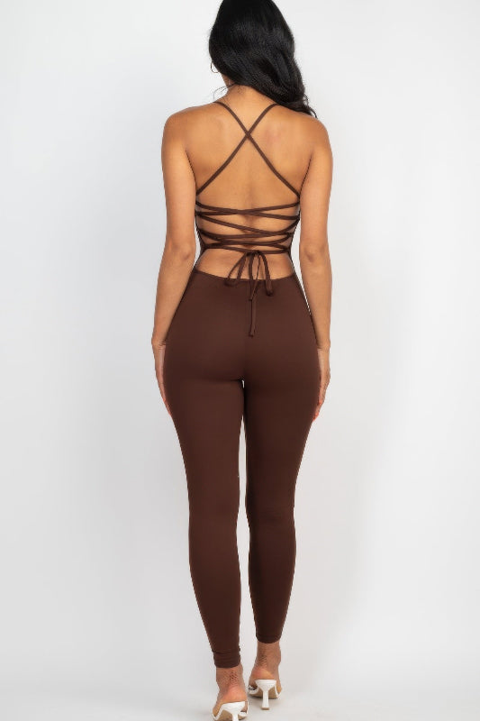 back of brown Criss-Cross Open Back Bodycon Jumpsuit