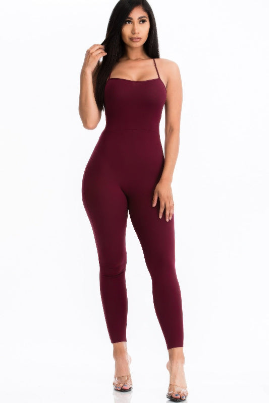 burgundy Criss-Cross Open Back Bodycon Jumpsuit