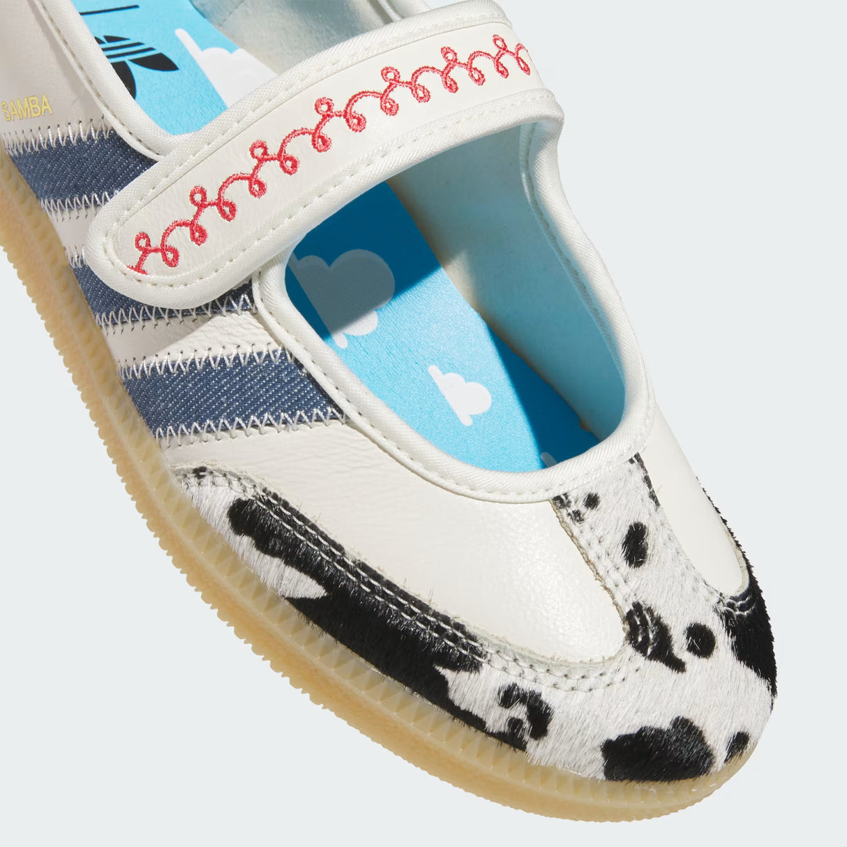 Adidas Pixar Toy Story Samba Jane Shoe with cow print sole on a white background