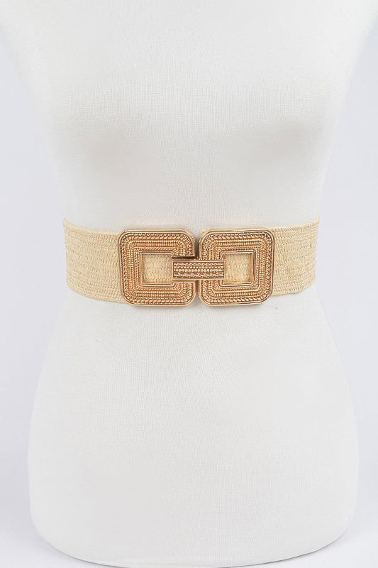 Beige woven belt with gold accents on a mannequin against a white background