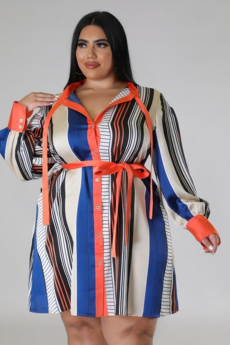 Black and Ruse Plus Size Striped Self Tie Dress