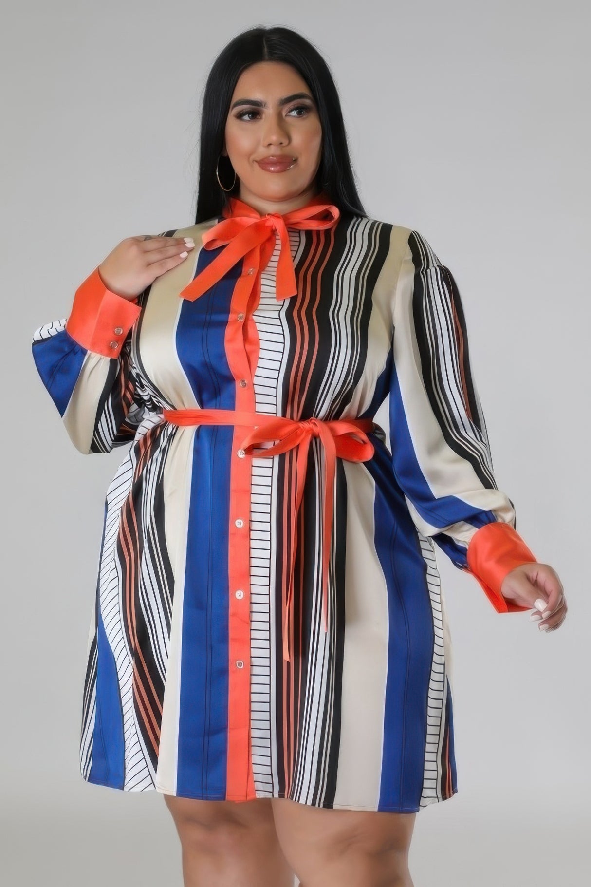 Black and Ruse Plus Size Striped Self Tie Dress