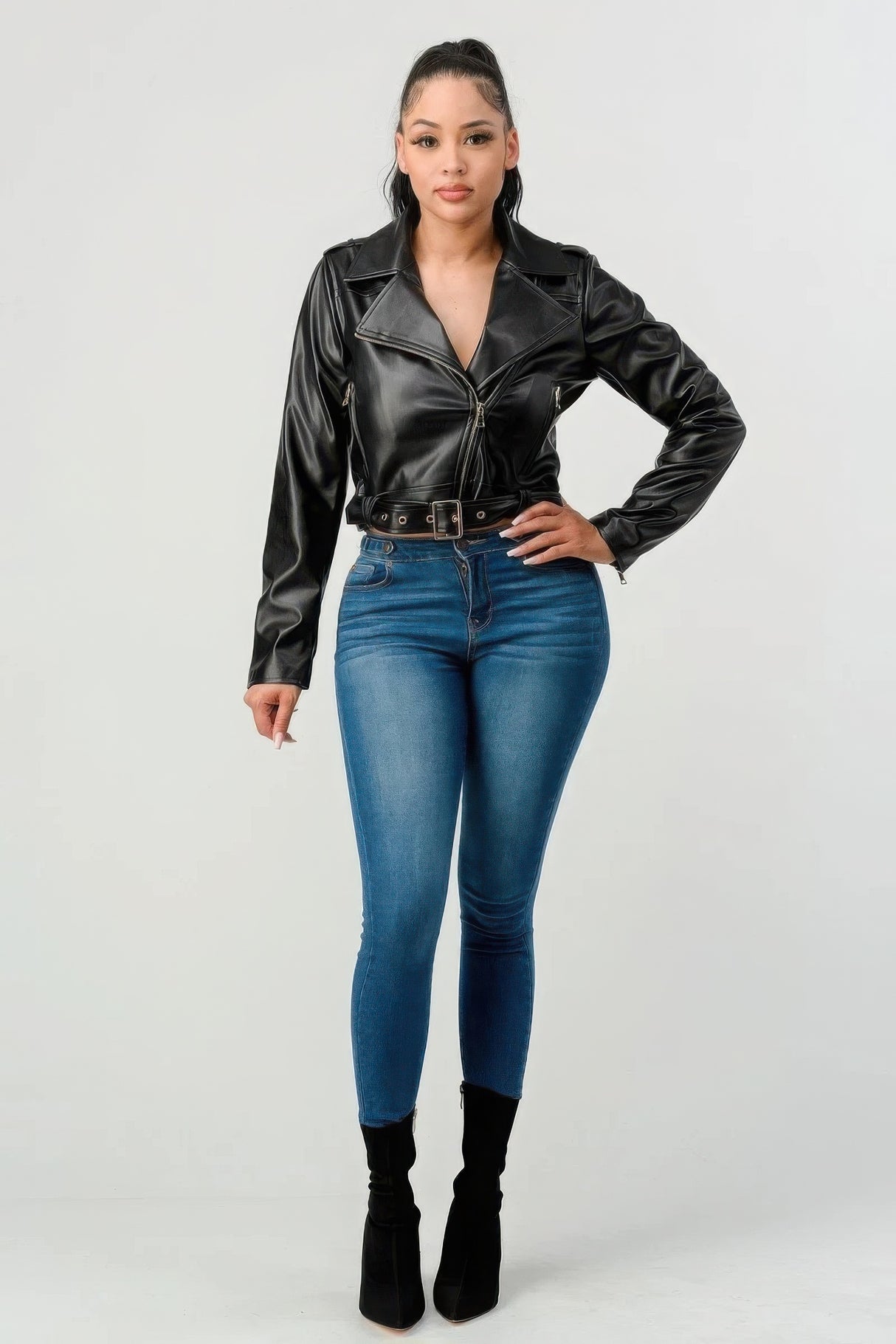 Black Zipped Up Faux Leather Jacket