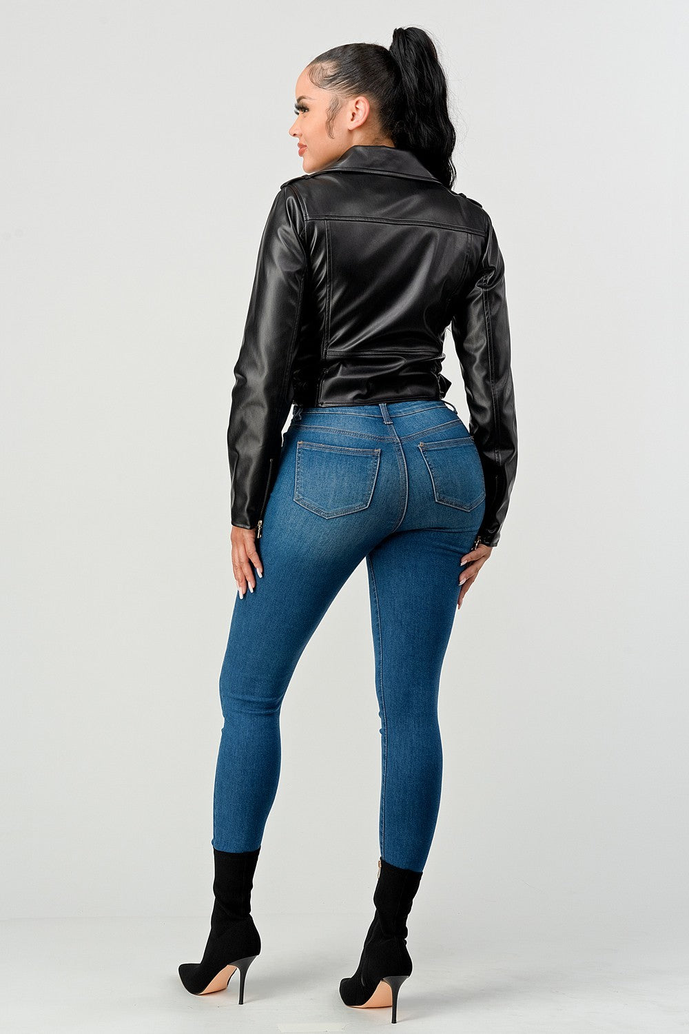 Black Zipped Up Faux Leather Jacket