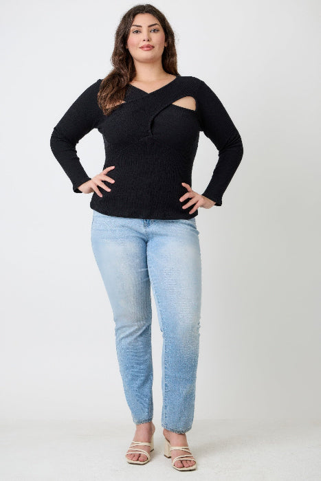 Plus Size Black Ribbed Cutout Top