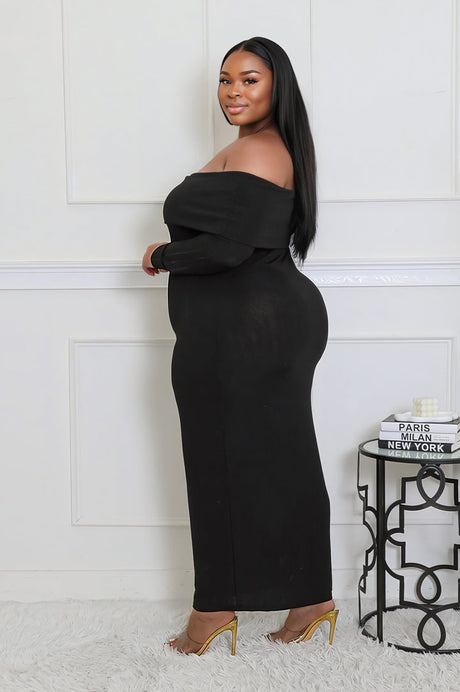 Black Plus Size Long Sleeve Off Shoulder Maxi Dress side view