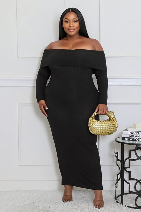 Black Plus Size Long Sleeve Off Shoulder Maxi Dress