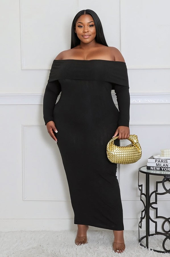 Black Plus Size Long Sleeve Off Shoulder Maxi Dress