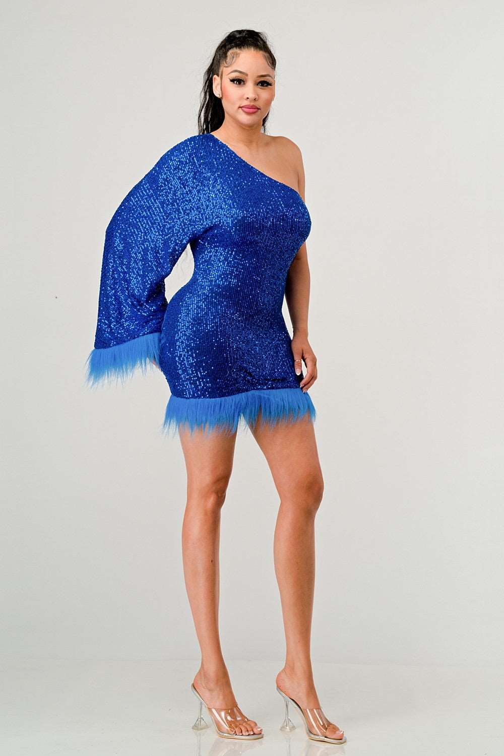 Azure Allure One-Shoulder Dress: Blue Sequin Feather Party Mini Dress
