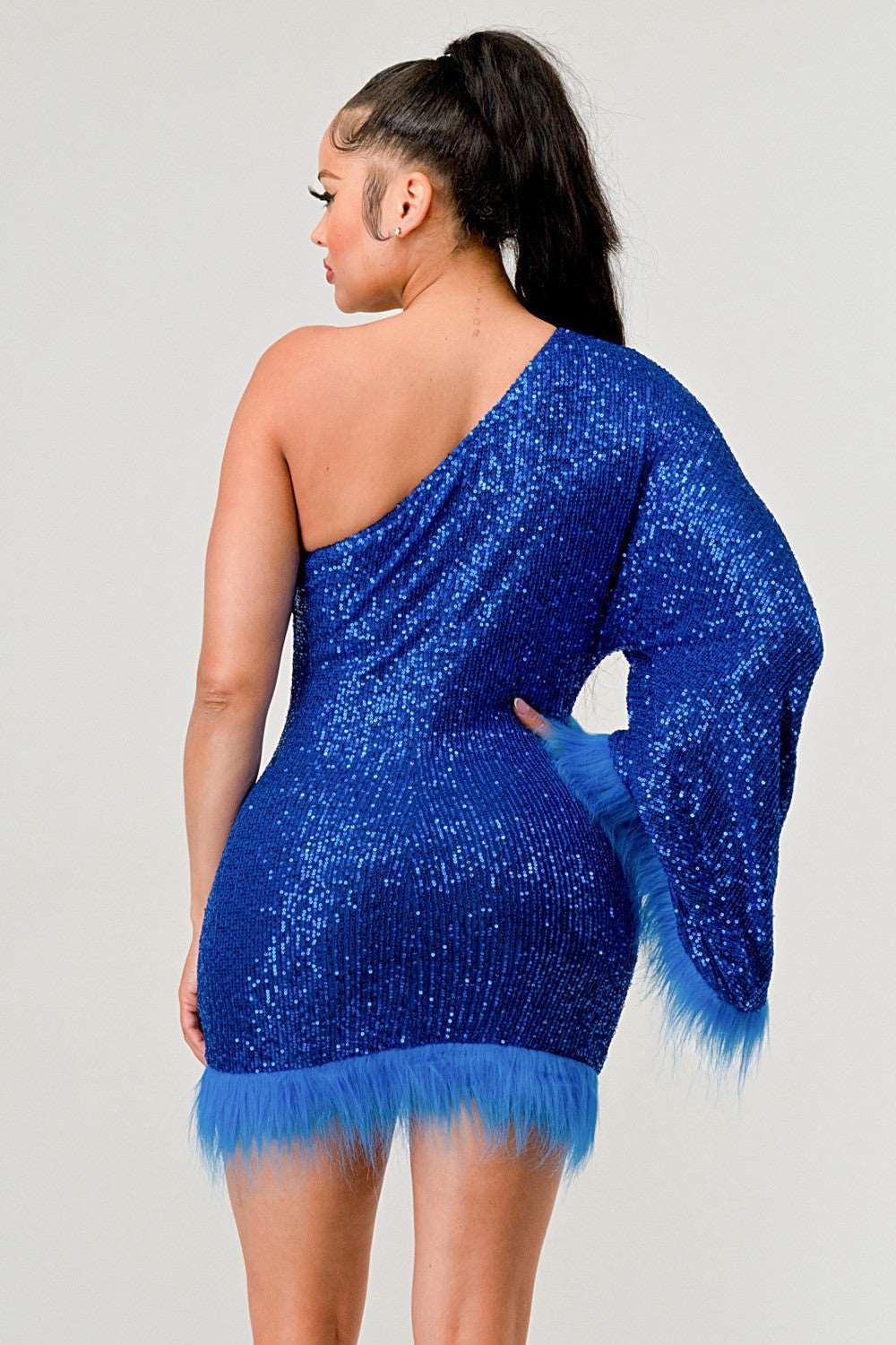Azure Allure One-Shoulder Dress: Blue Sequin Feather Party Mini Dress