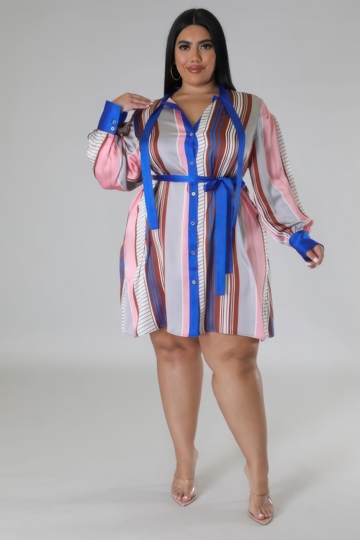 Brown and Blue Plus Size Striped Self Tie Dress full view