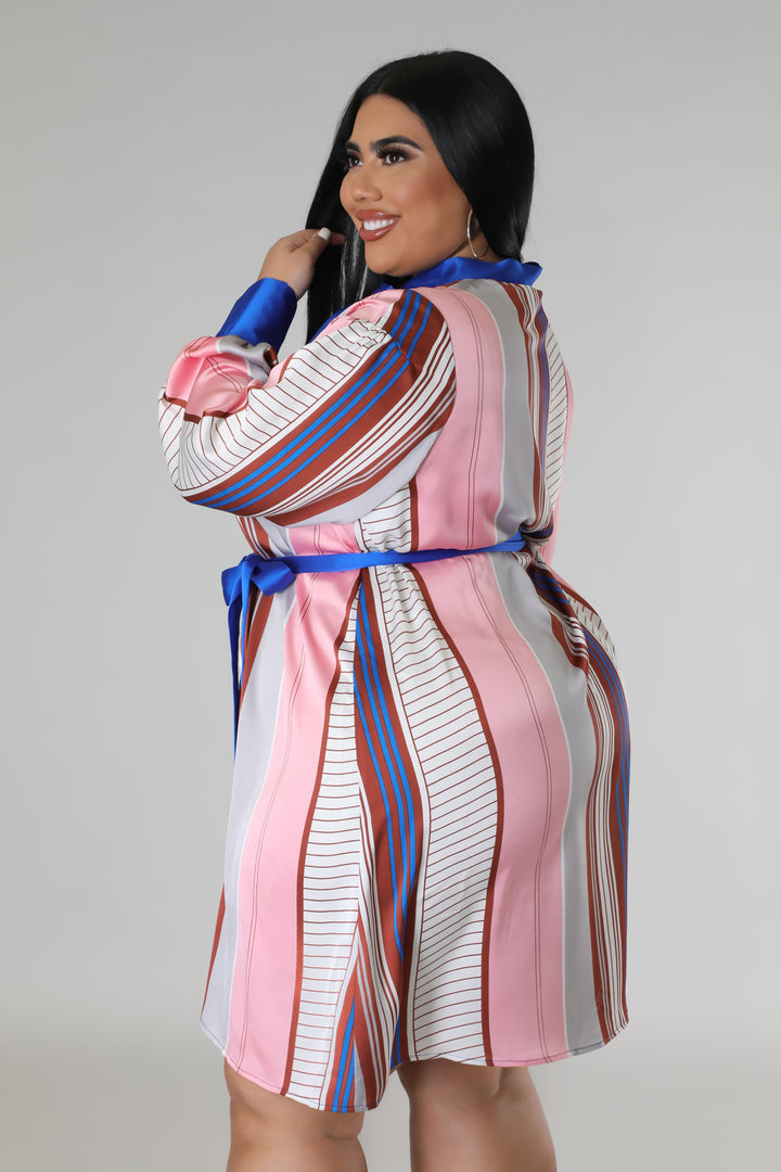 Brown and Blue Plus Size Striped Self Tie Dress side
