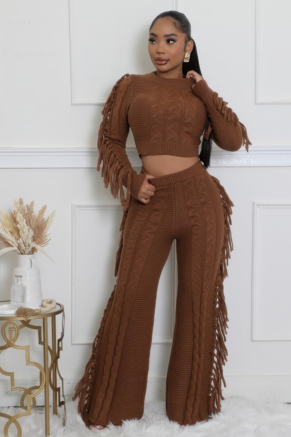 Brown Sweater Knit Fringe Pant Set