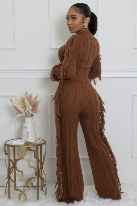 Brown Sweater Knit Fringe Pant Set side