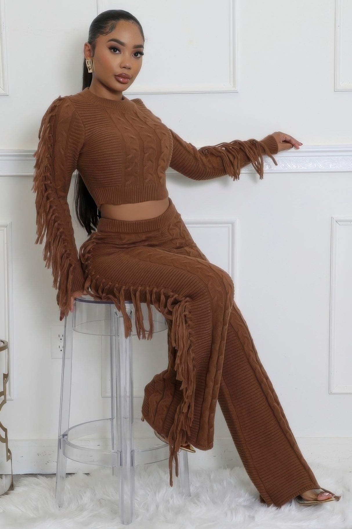 Brown Sweater Knit Fringe Pant Set
