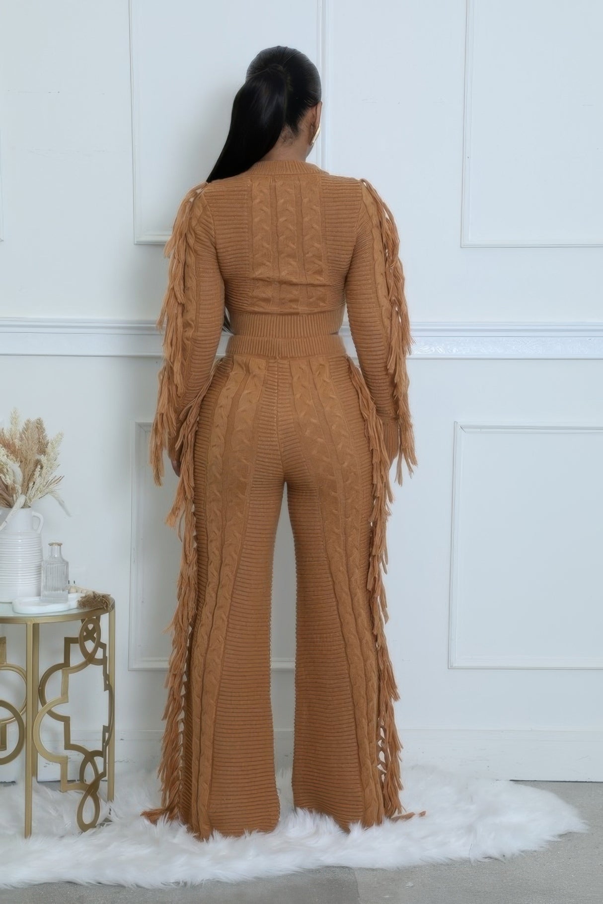 Camel Sweater Knit Fringe Pant Set back
