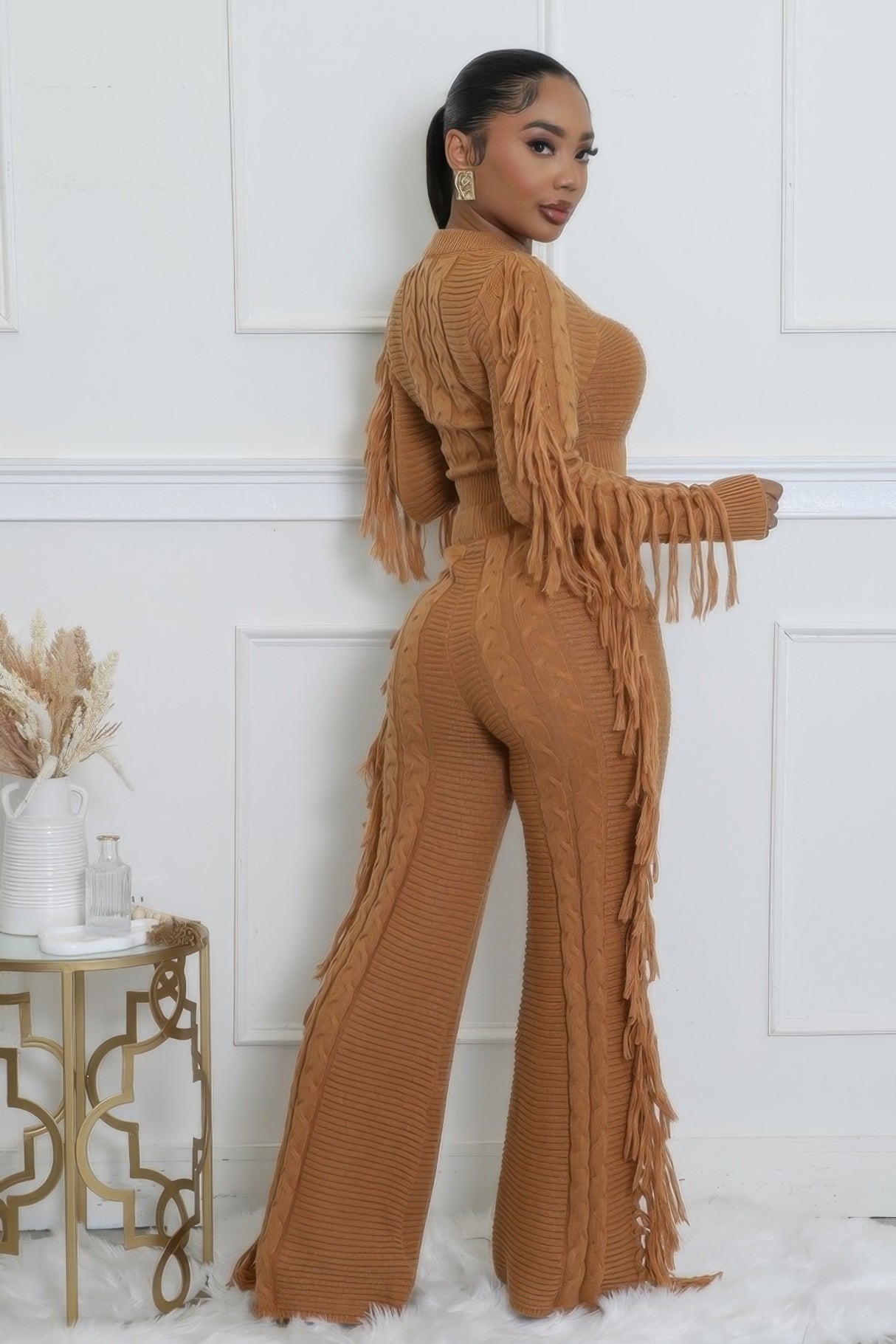 Camel Sweater Knit Fringe Pant Set side