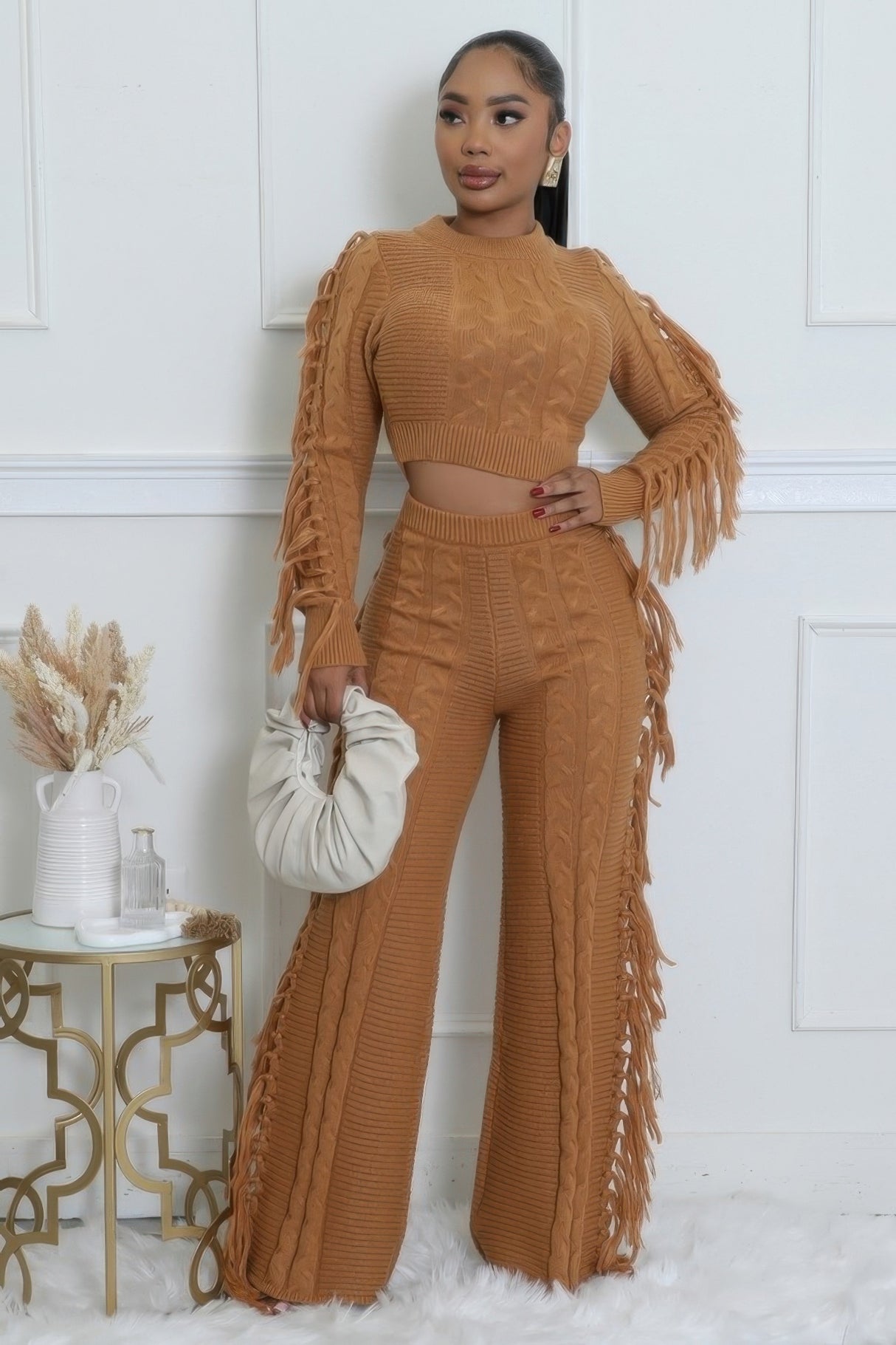 Camel Sweater Knit Fringe Pant Set