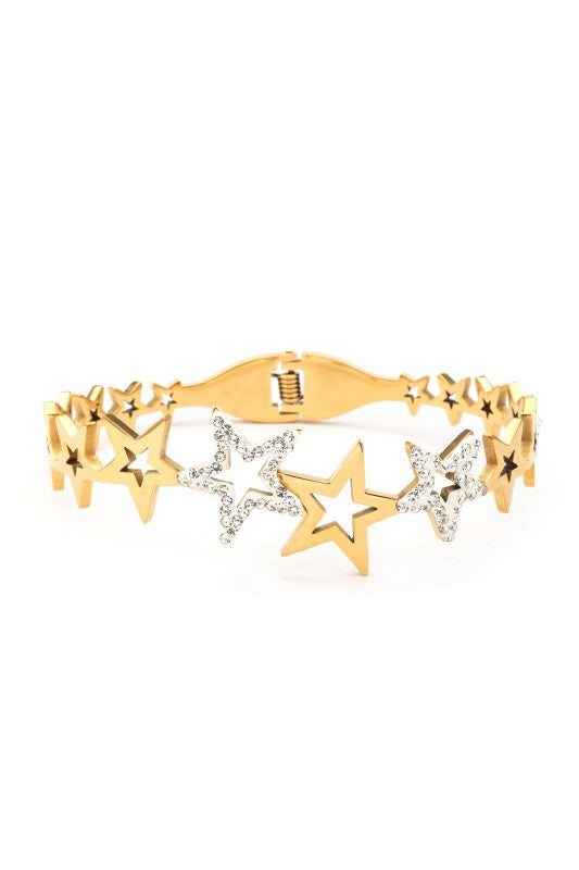 Gold bracelet with star designs on a white background