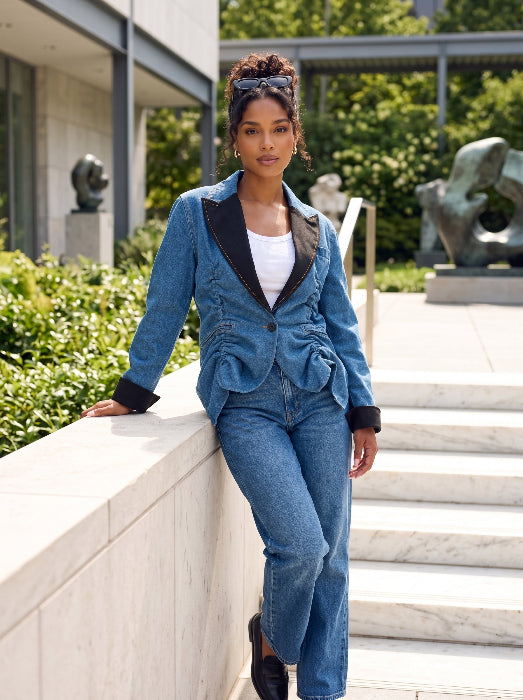 Denim Cinch Contrast Blazer Statement Jacket