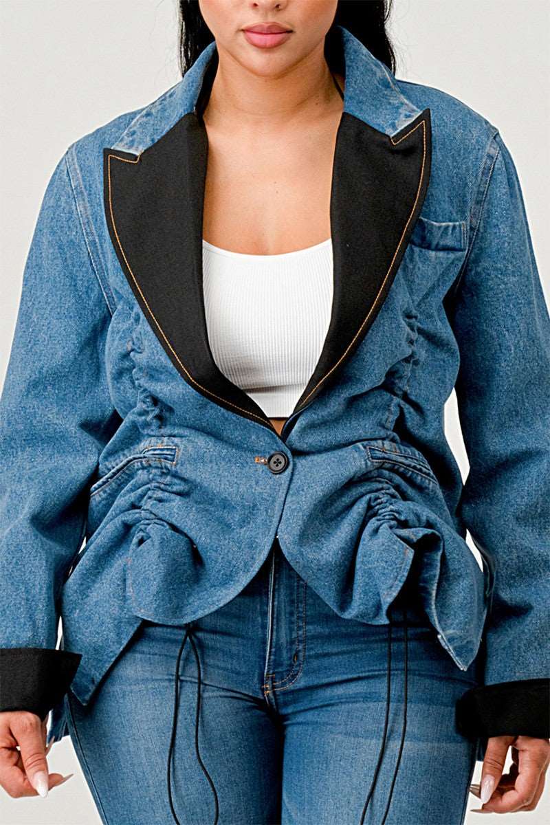 Denim Cinch Contrast Blazer Statement Jacket